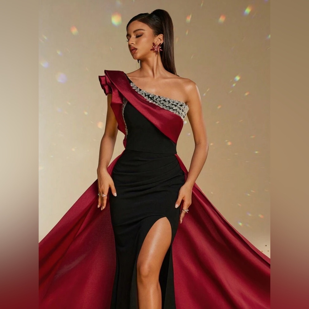 Smilprince Asymmetrical Neck High Slit FloorLength Gown Burgundy Size XL 12 - 14 - Picture 3 of 16